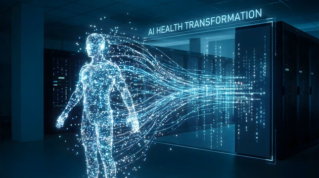 Artificial intelligence transforming healthcare digital human figure emerges from data streams towards futuristic servers