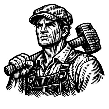 A rugged worker in overalls and cap holding a large sledgehammer over his shoulder with a determined expression on his face.