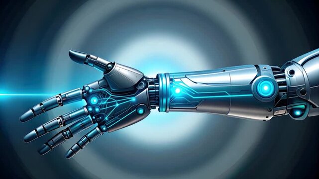 A detailed image of a futuristic robotic arm with glowing circuits