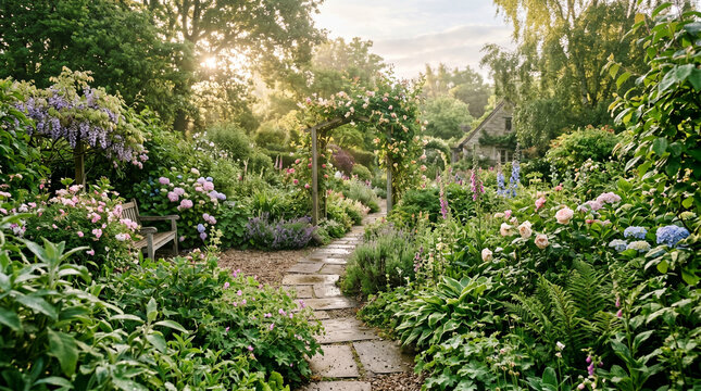 serene garden pathway with stone steps and lush greenery