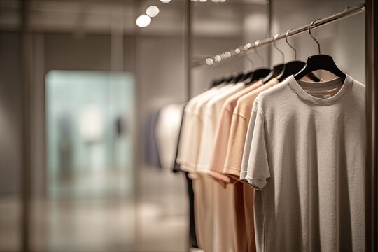 Minimalist Clothing Store Display Featuring Neutral Tone T-Shirts on Hangers.