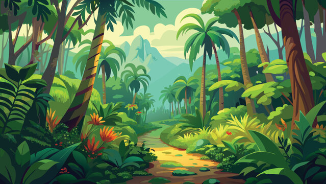 Beautiful tropical jungle landscape with palm trees and a dirt path winding through lush green plants in the rainforest Vector