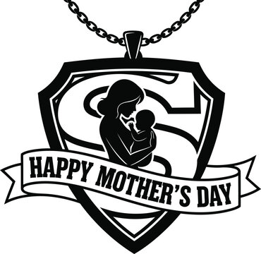 A black and white vector graphic illustration of a Mother's Day necklace pendant