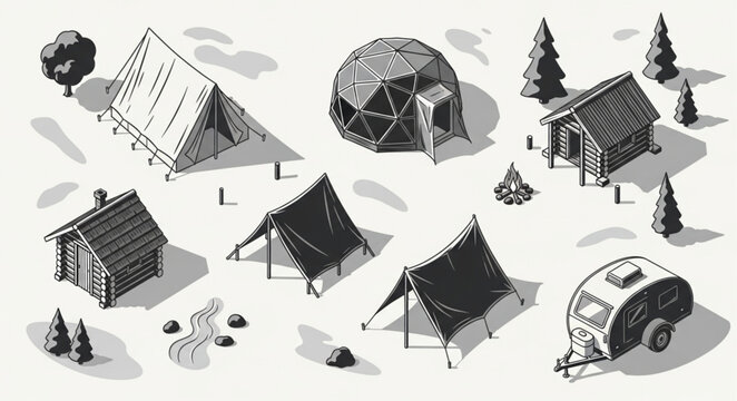 Collection of Various Camping Tents and Structures Isolated.