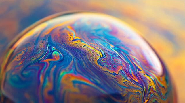 Abstract macro close up of a soap bubble surface with swirling iridescent rainbow colors and fluid oil slick patterns in a vibrant liquid sphere