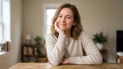 Obraz premium Smiling woman looking at the camera with a warm expression while relaxing at home.