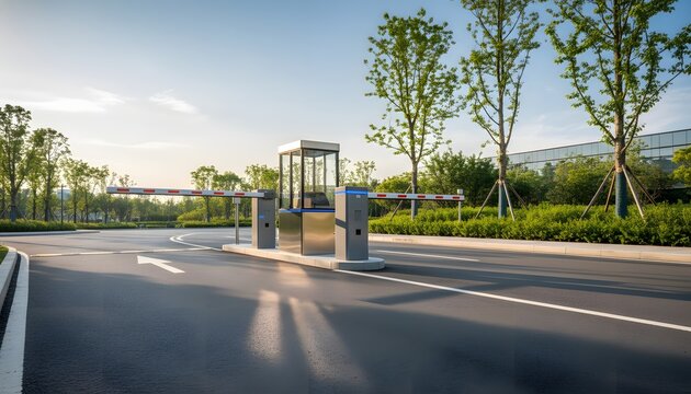 Automatic security checkpoint with barrier gate on clean asphalt road for private access control concept at modern corporate business park entrance during daytime