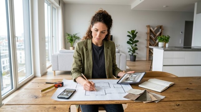 Focused female interior designer creating a floor plan and selecting materials in her bright, modern home office workspace.