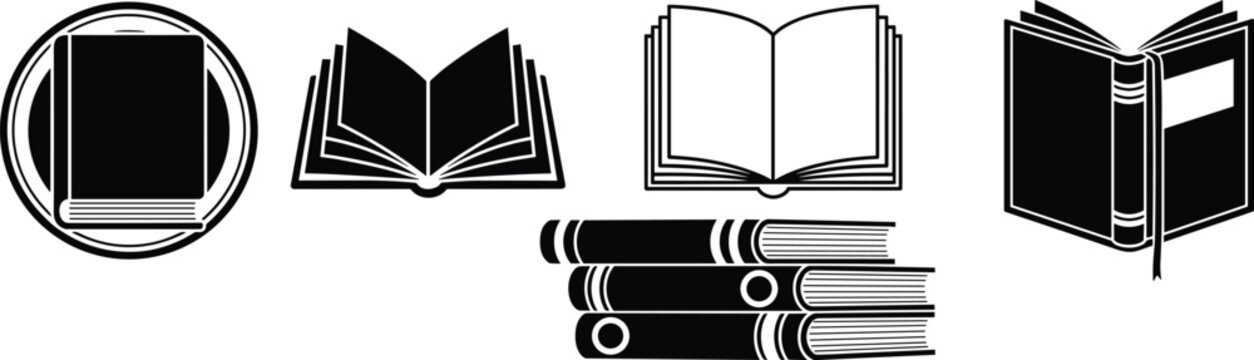 Book and Literature Icons Set Featuring Open and Closed Books, Stack of Books, and Book Cover Designs
