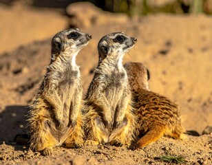 Fototapeta premium Two meerkats standing on sandy ground.