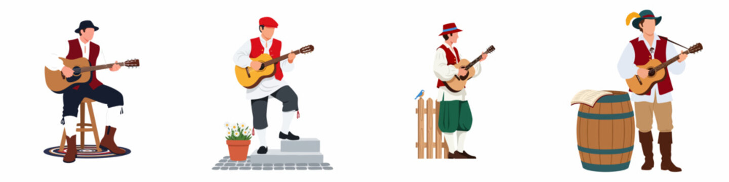 Set of four flat vector illustrations featuring men in traditional folk costumes playing acoustic guitars in various poses and settings.
