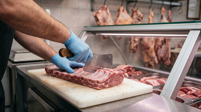Butcher's hands cutting fresh veal ribs with a professional meat grinder, preparation of raw meat products in a refrigerated store with hanging carcasses