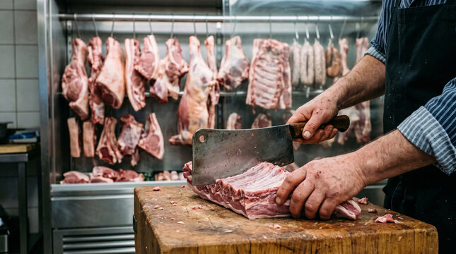 Butcher's hands cutting fresh veal ribs with a professional meat grinder, preparation of raw meat products in a refrigerated store with hanging carcasses