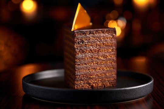 Slice of traditional Dobos torte cake with caramel topping