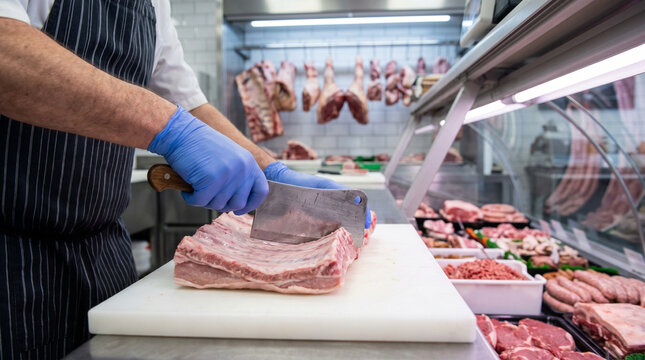 Butcher's hands cutting fresh veal ribs with a professional meat grinder, preparation of raw meat products in a refrigerated store with hanging carcasses