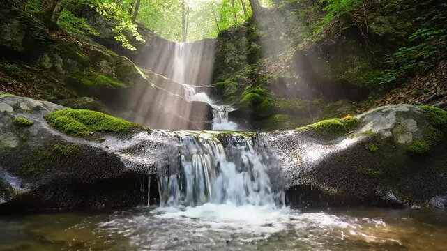 Forest Waterfall with Sunlight Streaming Through Leaves.