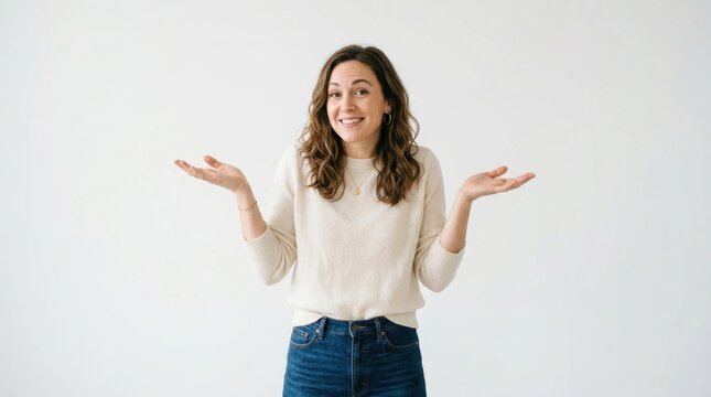 Young woman shrugging with a questioning or unsure expression, smiling lightly while standing against a clean white background, conveying doubt, choice, or indifference.
