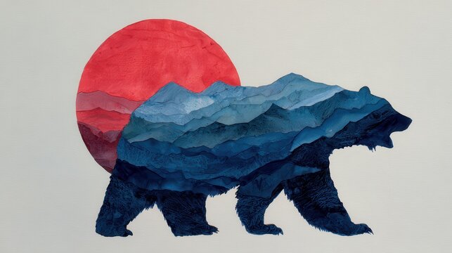 Watercolor and ink. Wide perspective of the Canadian Rockies, multi-layered mountain in blues, a central bear silhouette with a large, clean red sun behind it