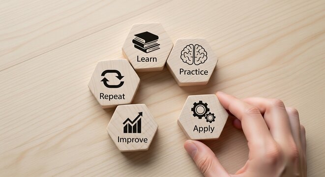 Hexagonal blocks illustrating a continuous learning cycle: Learn, Practice, Apply, Improve, and Repeat, arranged in a circular flow on a wooden surface.