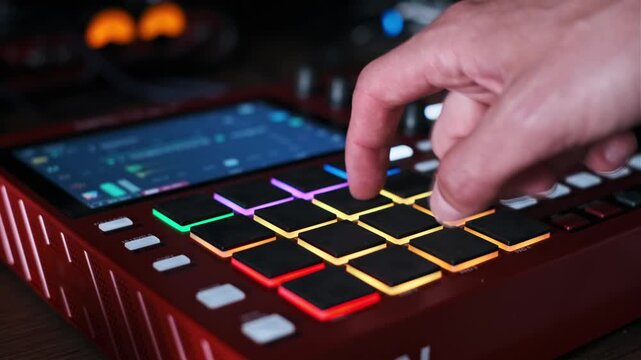 A close-up view captures a musician hand tapping on the colorful backlit pads of a red MIDI controller in a studio. Concept of electronic music production, beat making, and creative audio.