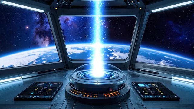 Cockpit view of a space vessel, beaming light to Earth