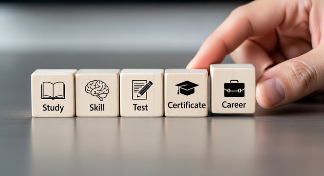 A hand places the final block in a sequence representing the path from study to career.
