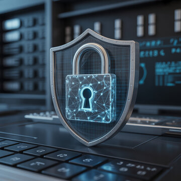 Cybersecurity shield with a digital padlock icon protects sensitive information stored on a computer server.