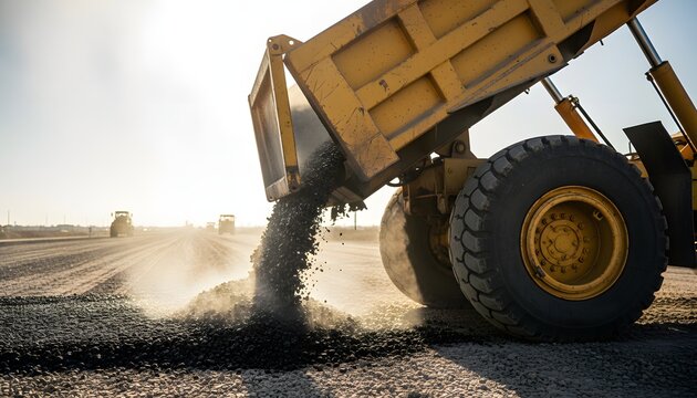 Yellow dump truck unloading asphalt on a highway construction site for infrastructure development and road building concept, representing industrial progress and civil engineering