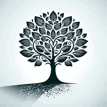 Tree of Life Icon, Black and White Graphic Illustration for Nature, Growth, and Ecology Concepts, Linocut Style Woodcut Art on Light Background