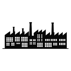 Naklejka premium A black silhouette of a factory building with multiple chimneys and windows stands against a white background.