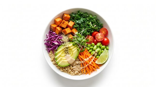 Healthy colorful salad bowl with ingredients like avocado, sweet potato, and fresh vegetables
