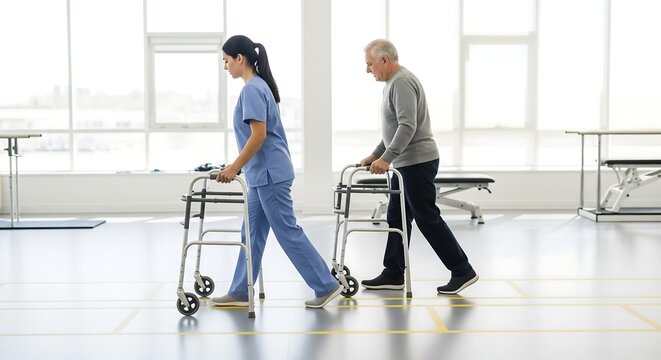 A physical therapist assists an elderly man with a walker during a rehabilitation exercise in a bright, modern facility.