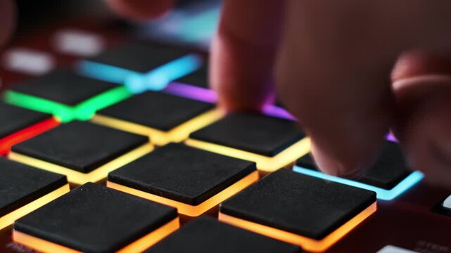 Fingers rhythmically press the glowing rubber buttons of a midi controller during a session. Concept of electronic music production, audio engineering, and digital art performance.