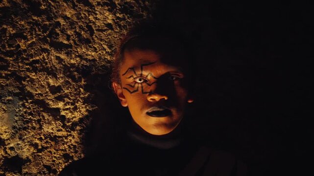Menacing Man with Spider Face Paint in a Dark Tunnel