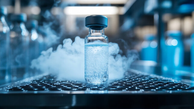 Pharmaceutical glass vial containing vaccine or serum with cold vapor mist in a laboratory research facility with blue lighting and high tech equipment.