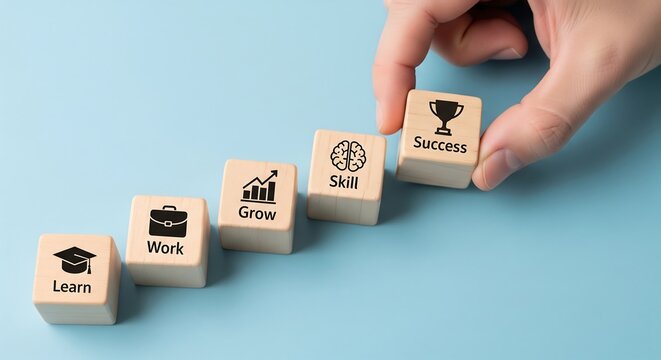 Hand stacking wooden blocks representing steps from learning and working to skill development and ultimate success with a trophy icon.