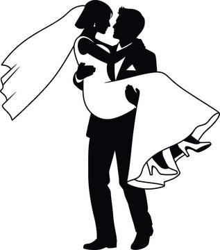 Groom carrying bride in white wedding dress silhouette representing romantic marriage celebration