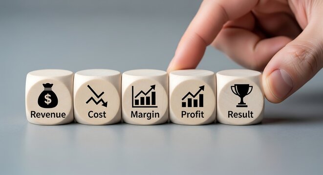 Fingers arranging dice with icons representing business growth stages: revenue, cost, margin, profit, and result.
