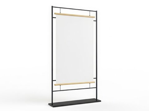 Modern black metal room divider with horizontal wooden bars on both sides