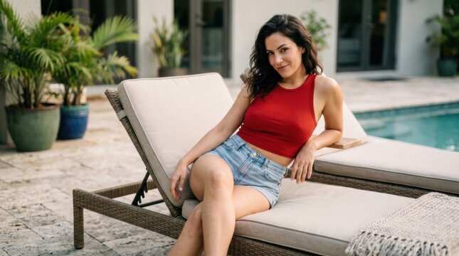 Beautiful young woman relaxing on a sun lounger by the swimming pool on a sunny summer day, enjoying leisure time.