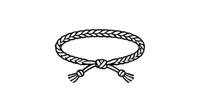 Minimalist black line vector icon of a woven friendship bracelet featuring a central knot and tassels, hand-drawn outline illustration on a white background, scalable graphic for fashion design.
