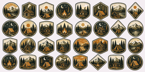 Tent and Cabin Badges Pack. Vintage Outdoor SVG Vector Set with Adventure Badges, Camping Emblems, Mountain Crest Logos and Nature Patch Elements, tent and cabin badges, camp cabin emblems © Alex