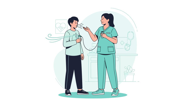 Doctor performing lung function test on a young patient with spirometer, respiratory health check