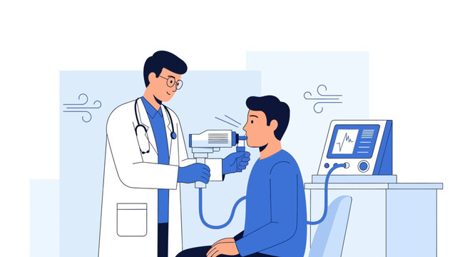 Doctor performing lung function test on patient with spirometer, medical examination