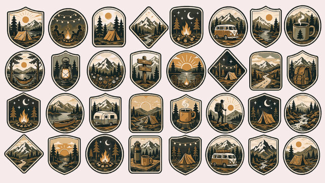 Weekend Camp Stickers Pack. Vintage Outdoor SVG Vector Set with Adventure Badges, Camping Emblems, Mountain Crest Logos and Nature Patch Elements, weekend camp stickers, camping badge bundle