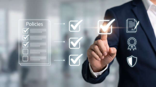 Business professional marking check boxes on virtual policy compliance document using augmented reality interface to demonstrate corporate adherence to standard operating procedures