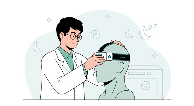 Doctor places EEG headset on patient's head for sleep study and brainwave monitoring
