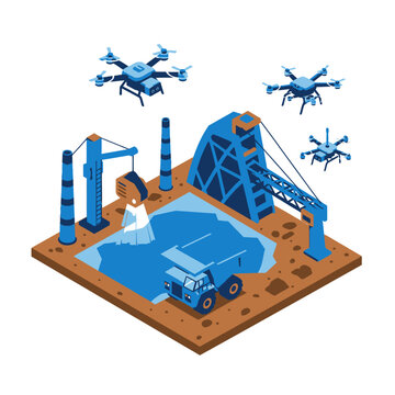Isometric illustration of an advanced mining operation utilizing drones for surveying and monitoring, alongside heavy machinery for extraction and transport.