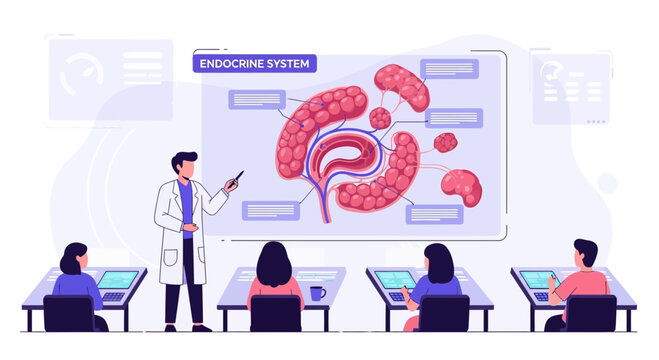 Doctor teaching endocrine system anatomy to students in classroom
