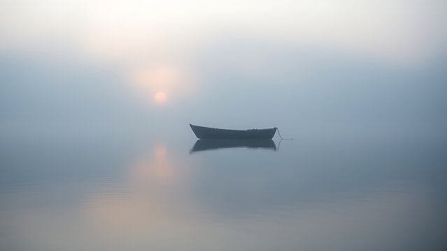 trimaran. A small boat silhouette on a misty lake at dawn with soft light and calm water. travel magazines, destination branding, designed for travel destination branding, inspires travel planning.
